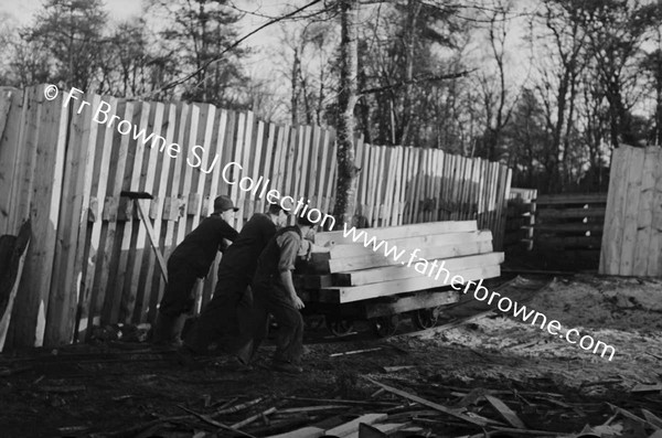 LUMBERING IN LEIX PILE OF WOOD WITH MEN IN FOREGROUND